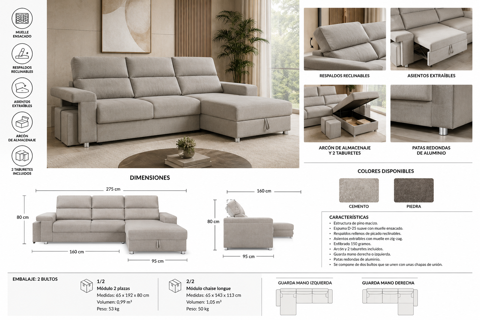 Sofá Chaise Longue OSCAR - Imagen 2